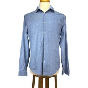 KENZO PARIS Distressed‎ Slim Fit Blue Icon Print Button-Up Shirt Size 42 (16.5)